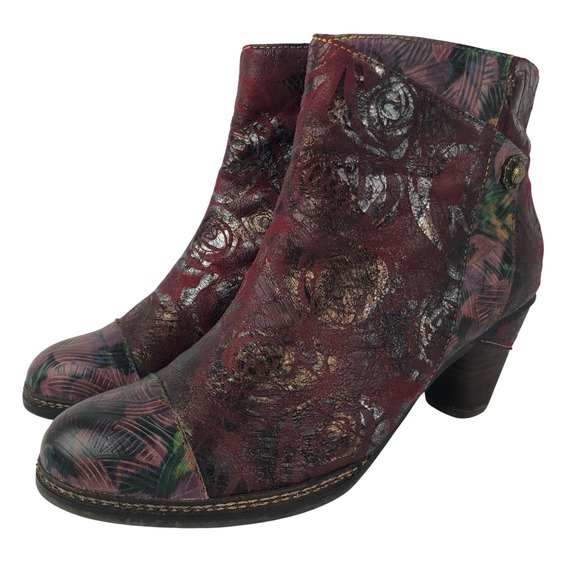 L'Artiste by Spring Step Shoes - L'Artiste Spring Step Waterlily Floral Leather Ankle Boots Sz 39 Red Metallic